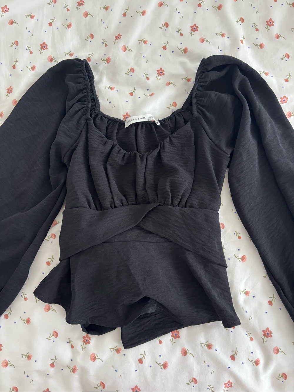 altar'd state black fuff-Sleeve twist waist tie back top (WORN ONCE)